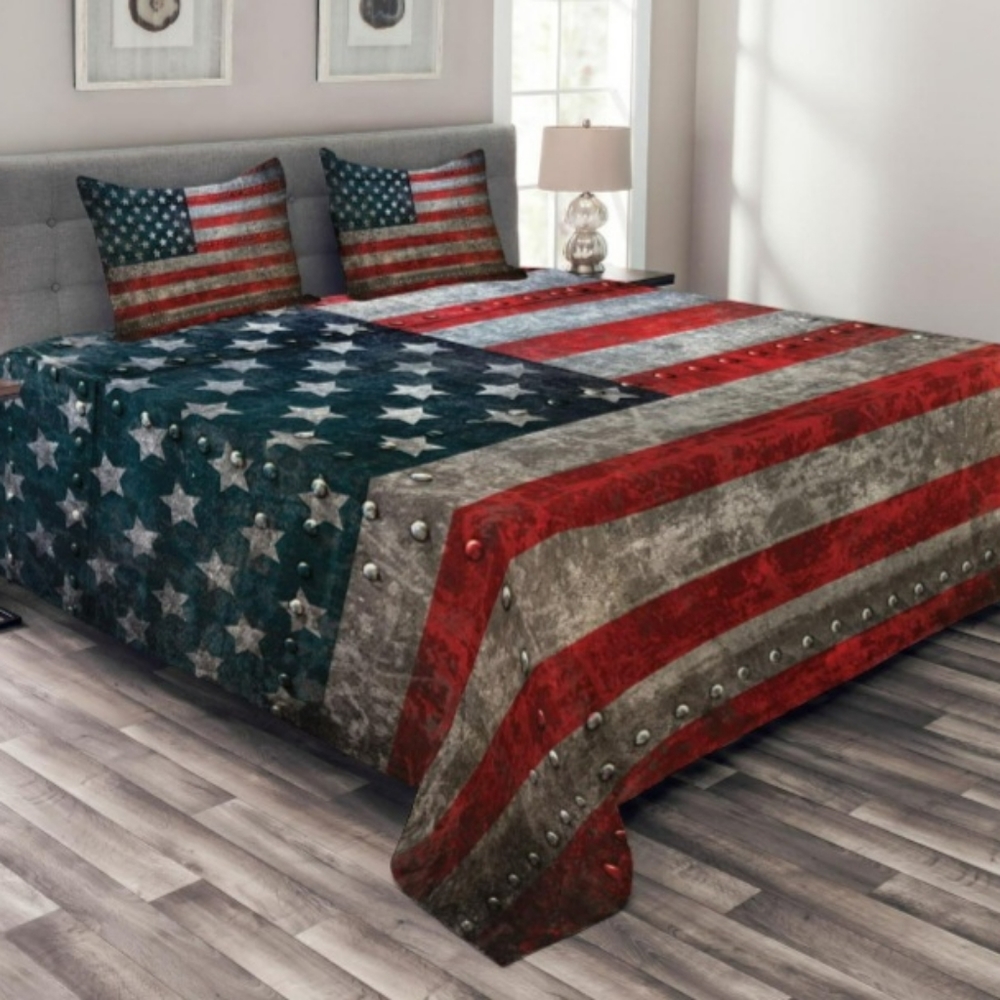 Vintage look American flag queen bed set quilt